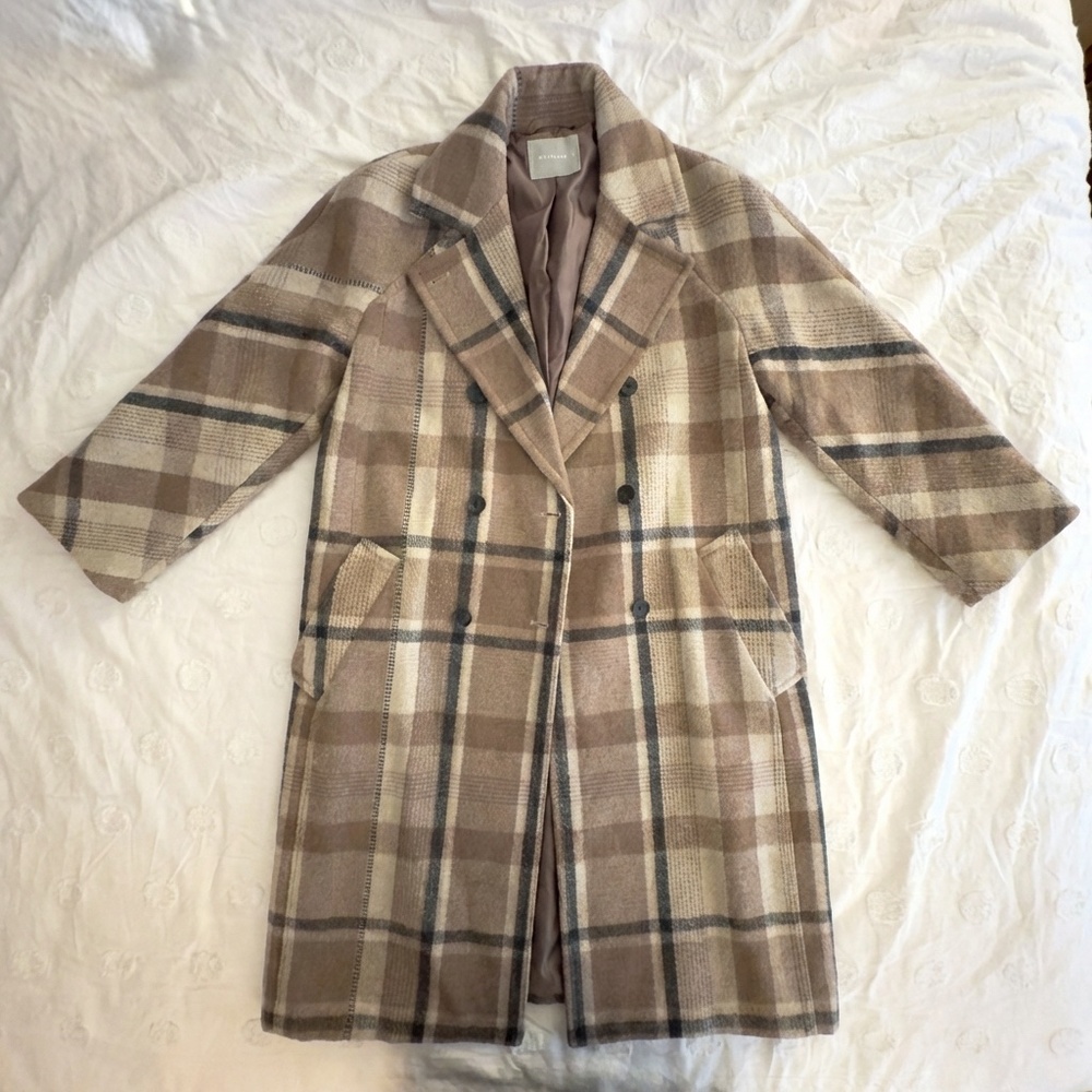 Everlane Italian ReWool Wool Peacoat Winter Coat Jacket Brown Plaid Size 12 - Picture 2 of 9